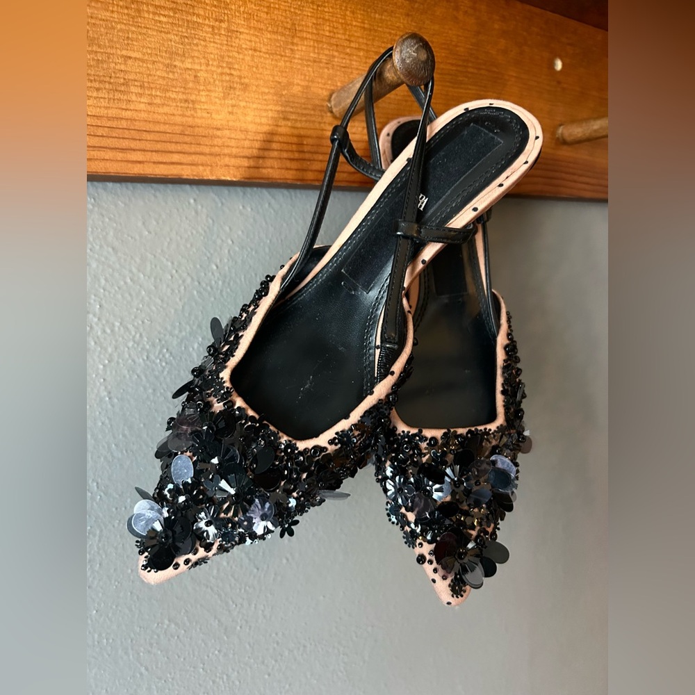 ZARA Embroidered Confetti Kitten Sequin Slingback Heels Elegant & Chic Neutral 6